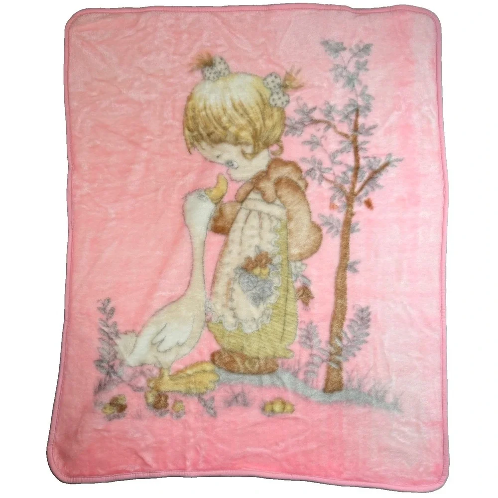 Vtg Korean Mink Baby Blanket Precious Moments Girl Duck Goose Pink Cottage 80s